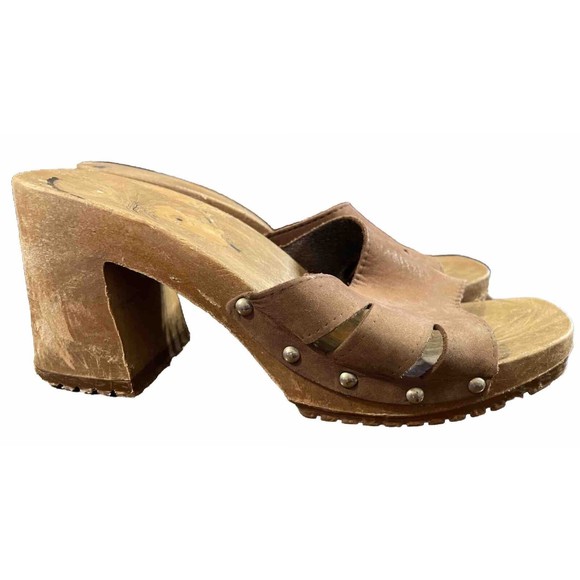 Vintage 90s Leather Platform Sandal Heel Slides Clogs Brown Leather US 7 Y2K - Picture 1 of 7